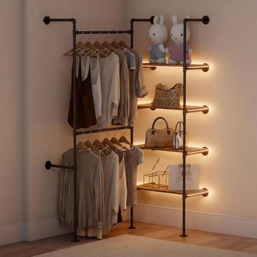 Industrial Pipe Clothing Rack with LED Lights& Shelves - Image 3
