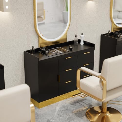 OmySalon Salon Station for Stylists, Free Standing Barber Vanity with 6 Drawers, 1 Cabinet & Adjustable Shelves, Large Storage Hair Beauty Furniture for Barbershop, Black Gold - Image 5