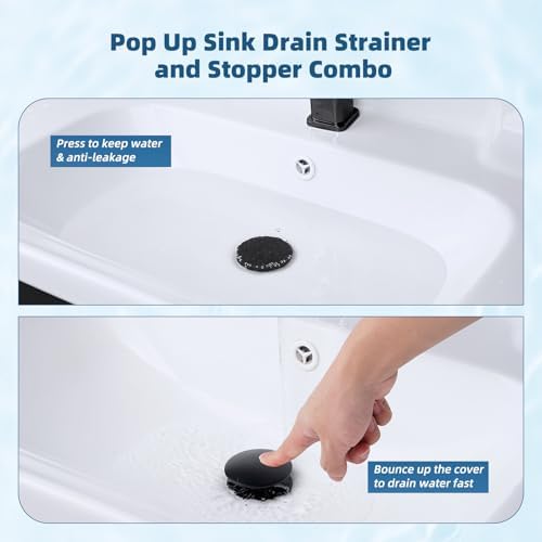Hibbent Upgraded 3 in 1 Bathroom Sink Drain Strainer, Pop Up Sink Stopper with Big Push Cap, Anti-Clogging Metal Filter Basket,Sink Plug with Hair Catcher for 1.1''~2.36'' Basin, Matte Black - Image 5