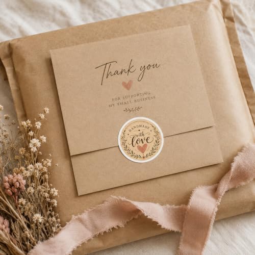 60pcs Handmade with Love Stickers, Kraft Floral Wreath Packaging Labels, Small Business Branding Seal Stickers for Handmade Products, Round 2 Inch Thank You Tags - Image 2