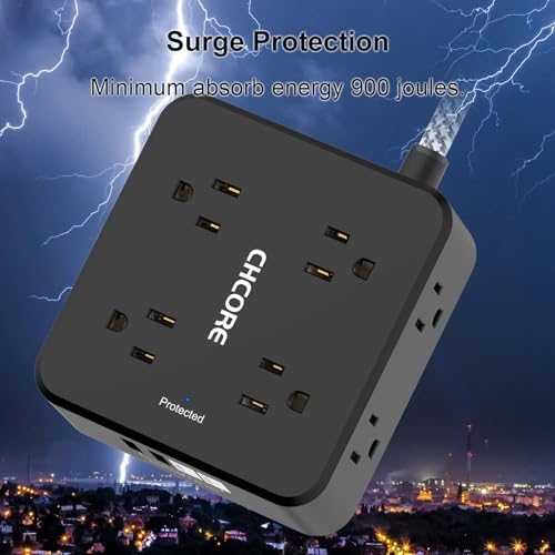 Surge Protector Power Strip - CHCORE 6Ft Braided Extension Cord with 8 Outlets with 4 USB (2 USB C) Charging Ports, Flat Plug Multi Plug Outlet Extender Charging Station for Home Office, ETL, Black - Image 6