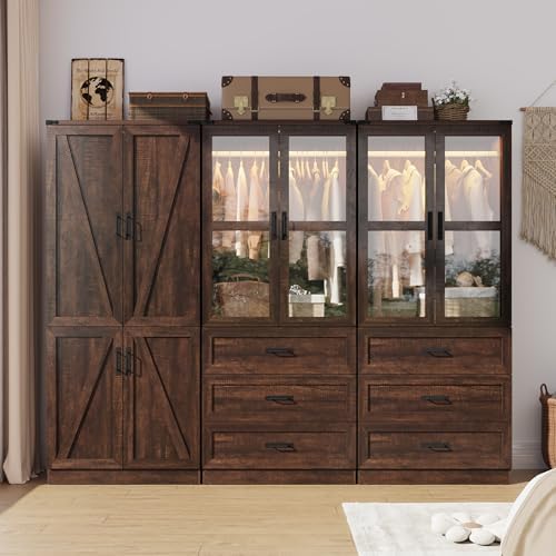Hlivelood 75" Tall Farmhouse 6 Doors Armoire Wardrobe Closet with 6 Drawers and LED,Freestanding Closet Wardrobe Cabinet for Bedroom with Hanging Rod,Wooden Armoire Storage Cabinet(Brown 6 Doors 2) - Image 4