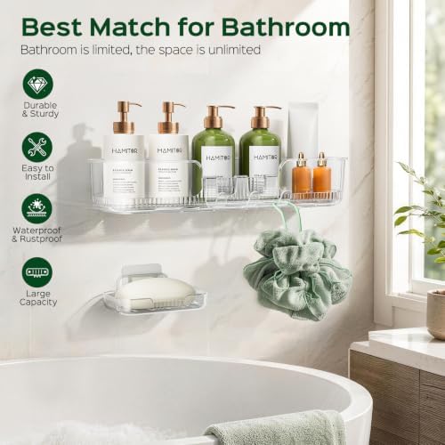 HAMITOR 2 Pack Adhesive Shower Caddy, Clear Transparent Shower Organizer - Image 2