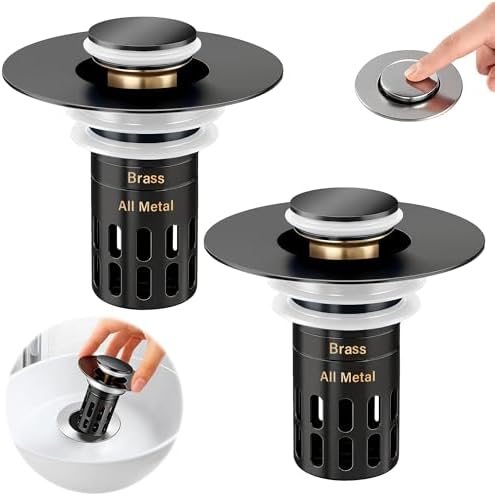 (All Metal) Bathroom Sink Stopper, Pop Up Drain Strainer for Bathroom Sink, Sink Plug Hair Catcher, Silent Popper Core w/Removable Filter Basket,Fit 1.05~2.0''Basin (Matte Black, 2 Pack) by Unknown