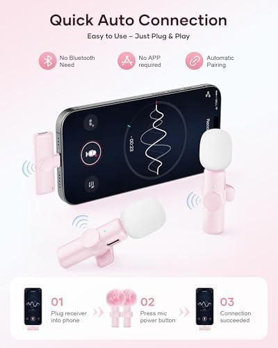 Wireless Microphone for iPhone iPad and Android Phone, 2 Pack Wireless Lavalier Lapel Mic with Noise Reduction, Plug and Play Mini Microphone for Video Recording Interview YouTube TikTok Vlog (Pink) - Image 2