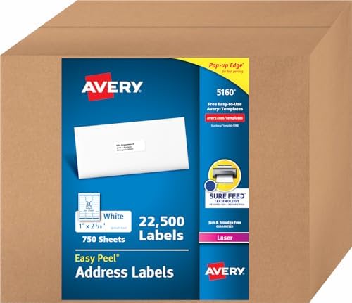 Avery Easy Peel Address Labels, 1" X 2-5/8" - 22,500 Blank White Mailing Labels for Shipping, Printing and More (5160) by Avery