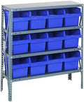 Quantum 1839-SB808BL Heavy Duty Shelving Unit with (4) Shelves and (12) QSB808 Blue Bins for Garage Warehouse Storage Distribution | 400 lb Load Capacity | 12"D x 36"L x 39"H, Galvanized Carbon Steel by QuantumStorageSystems