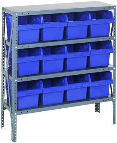 Quantum 1839-SB808BL Heavy Duty Shelving Unit with (4) Shelves and (12) QSB808 Blue Bins for Garage Warehouse Storage Distribution | 400 lb Load Capacity | 12"D x 36"L x 39"H, Galvanized Carbon Steel by QuantumStorageSystems