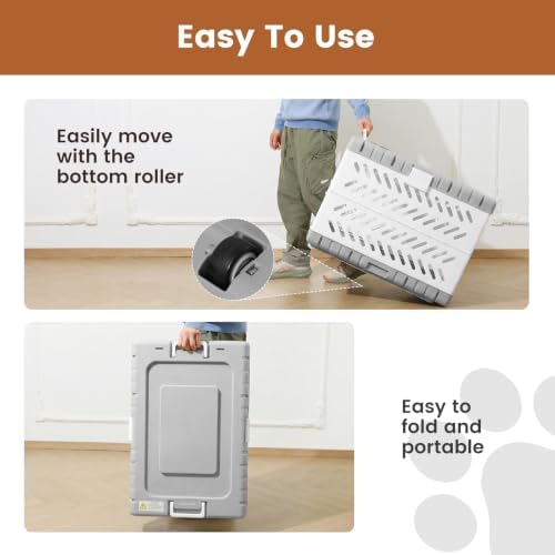 28" L Travel Dog Crate -Collapsible Dog Crate for Medium/Small Dogs, No Tools Required with Space Saving Design,Portable Foldable Dog Carrier with 2 Smooth Wheels,Handles for Easy Moving,Grey - Image 3