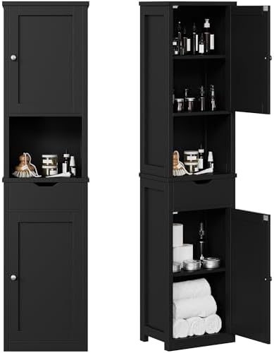 Shintenchi Tall Bathroom Storage Cabinet, Slim Corner Floor Cabinet with Doors and Drawer, Freestanding Narrow Bathroom Organizer with Adjustable Shelves for Small Space, Black by Shintenchi%7CFurnitureMadeforRealLife