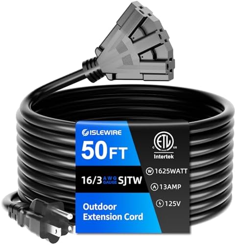 50 FT 3 Outlet Outdoor Extension Cord Waterproof, 16/3 SJTW Black Extension Cord with Multiple Outlets, Heavy Duty 16 Gauge 3-Prong Grounded Power Cable for Garden and Home Use, ETL Listed by ISLEWIRE
