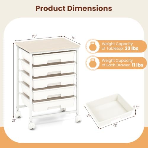 Giantex 5 Drawers Rolling Cart with Wheels, Wood Top, Sturdy Frame - Image 3