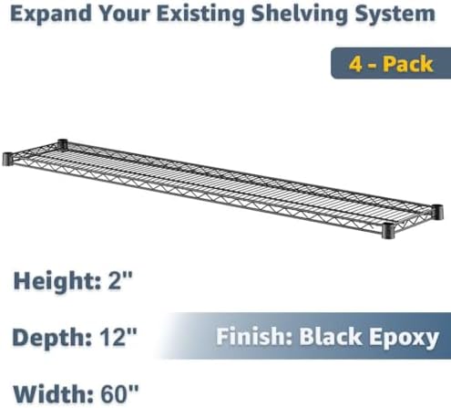 Industrial 12x60 Wire Shelf 4-Pack Black, NSF Metal Shelving Add-On for Warehouse Rack - Image 2