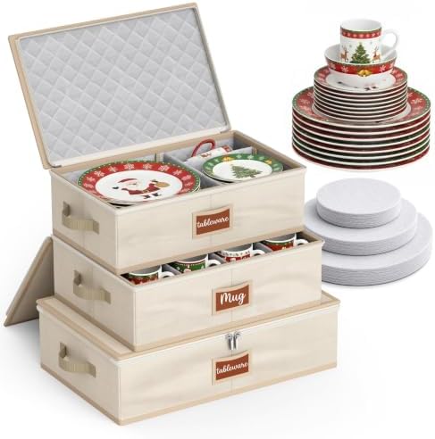 MISSLO Large Capacity China Storage Containers Hard Shell Plate Storage Containers, Kitchen Packing Moving Boxes for Dishes, Dinnerwares, Mugs Protectors, Beige, 3 Piece Set by MISSLO