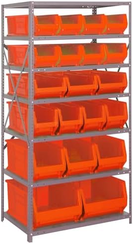 Quantum 2475-20-MIXRD Heavy Duty Modular Industrial Shelving Storage Rack Unit with (7) Shelves and Red Bins for Warehouse Healthcare | 400 lbs Capacity | 24"D x 36"L x 75"H, Galvanized Carbon Steel by QuantumStorageSystems