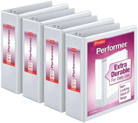 Cardinal Performer 3-Ring Binders, 3", Non-Locking Slant-D Rings, 725-Sheet Capacity, ClearVue Presentation, Non-Stick, PVC-Free, White, 4-Pack (27600) by TOPSProducts