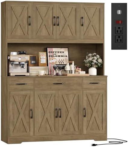 HOSTACK 71" Tall Kitchen Pantry Storage Cabinet, 55" W Kitchen Hutch, Brown by HOSTACK