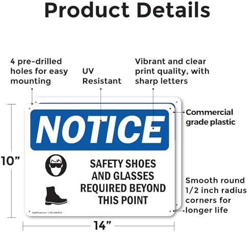 (2 Pack) Safety Shoes And Glasses Required OSHA Notice Sign 14 Inch X 10 Inch Plastic Sign, Weather Resistant, UV Protected for Workplace, Business, and Construction Site, Made in the USA - Image 2