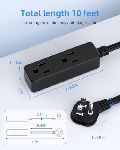 Flat Plug Extension Cord with 3 Outlets - 10Ft Low Profile Indoor 3 Prong Grounded Power Strip for Home Office & Travel - 16 AWG 13A/1625W, Black - Image 5