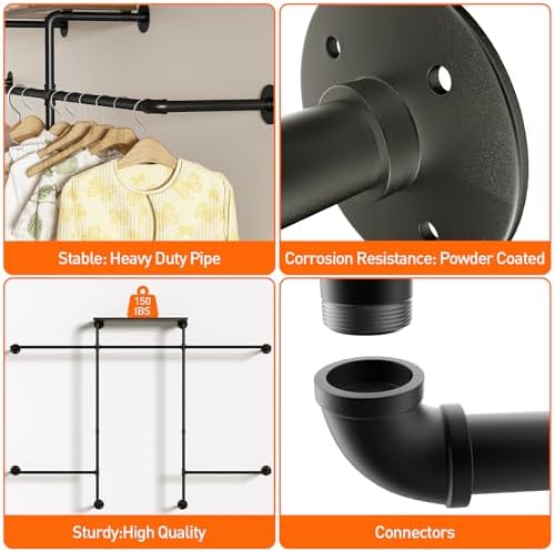 Merapi Industrial Pipe Clothing Rack, Wall Mounted Heavy Duty Garment Rack with Wood Shelf, Double Hanging Rod Vintage Organizer for Walk-in Closet, Laundry Room & Retail Store Display (Black) - Image 6