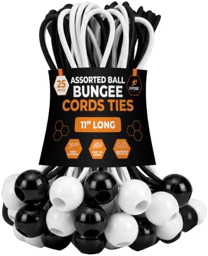 Xpose Safety Bungee Ball Cords 11" 25 Pack Heavy Duty Assorted Colors Black and White Stretch Rope with Ball Ties for Canopies, Tarps, Walls, Cable Organization by XposeSafety