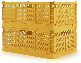 2 Pack Stackable Storage Crates, Plastic Foldable Baskets Small Golden by Domiella