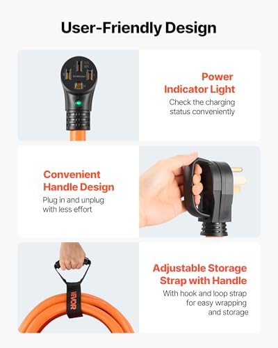 VEVOR 50 Amp 100 Feet RV Extension Cord, 125V/250V, Heavy Duty 6/3 + 8/1 Gauge STW RV Power Cord, NEMA 14-50P to NEMA 14-50R, with Power Indicator, Cord Organizer, 15A Adapter, for Camper Trailer - Image 6
