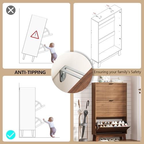 Shoe Cabinet Storage for Entryway with 3 Flip Drawers, Fluted Narrow Shoe Organizer with Wooden Legs, Freestanding Slim Shoe Storage Hidden Shoe Rack Organizer for Front Door Entrance, Hallway, Walnut - Image 7