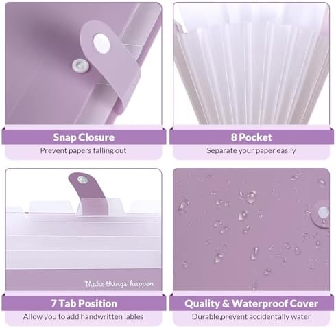 SKYDUE File Folder with Labels, Accordion File Organizer with 8 Pockets, Portable Document Organizer, A4 Letter Size, Paper Organizer for Office, Purple - Image 3