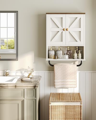 CHOEZON Bathroom Wall Cabinet, Medicine Cabinet with Open Partition and Towel Bar, Rustic Storage Cabinet with Open and Hidden Storage Space, for Bathroom, Living Room, Kitchen, White and Walnut - Image 2