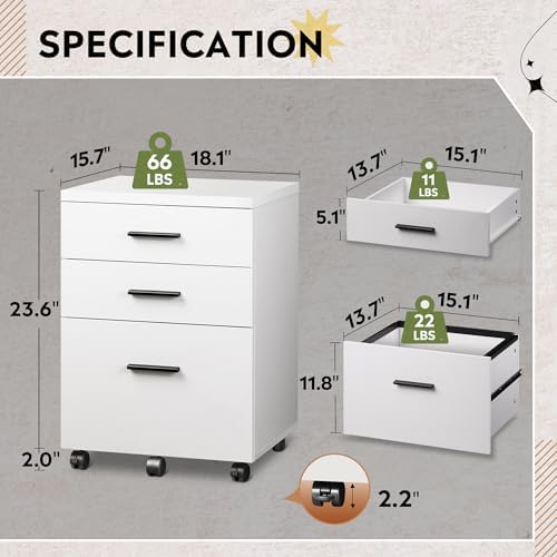 DEVAISE 3 Drawer File Cabinet, Wood Under Desk Filing Cabinet, White - Image 5