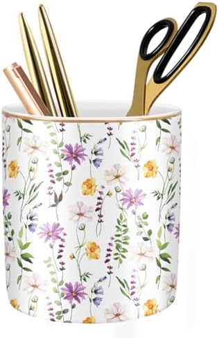 Large Capacity FLoral Pen Holder for Desk, Ceramic Pencil Holder Pen Cup Marker Holder Makeup Brush Holder, Desk Accessories & Workspace Organizers for Home, Office, Colored by WAVEYU