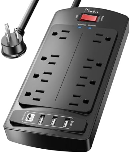 10 Feet Surge Protector Power Strip - Nuetsa Extension Cord with 8 Outlets and 4 USB Ports, Flat Plug, 2700 Joules, for Home, School, College Dorm Room, and Office, ETL Listed, Black by Nuetsa