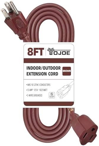 YOJOE Indoor Outdoor Extension Cord, 3 Prong 13A Weatherproof Power Cord, 16 Gauge Heavy Duty 8 ft Brown Extension Cord for Garage, Garden and Home, 16/3 SJTW UL Certified by YOJOE