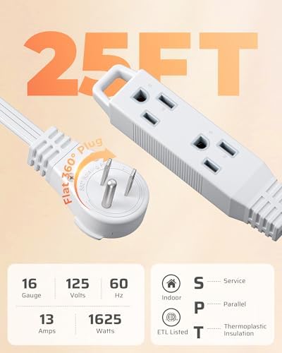 DEWENWILS 25FT Flat Plug Extension Cord, 360° Rotating Plug, 16/3 - Image 3