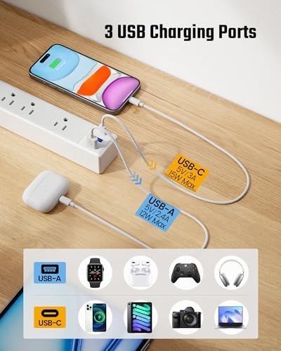 15Ft Long Extension Cord, SUPERDANNY Flat Plug Surge Protector Power Strip - Image 5