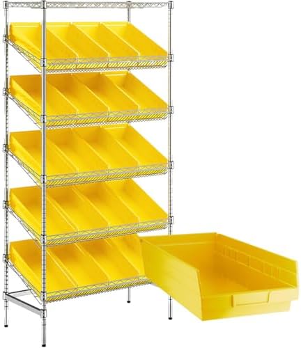 18" x 36" x 74" Heavy-Duty Commercial Chrome Shelving Unit with 20 Yellow Storage Bins - Metal Wire Utility Shelf for Tool, Office, Garage, and Warehouse Organization - Durable Storage Cabinet by Zedfire