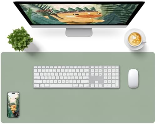Bloss Leather Desk Mat, Large Mouse Pad, Non-Slip Desk Protector Mat, Leather Desk Blotter, Waterproof Desk Pad for Office Home Decor/Grey Green(35.4×15.7 Inches) by Bloss