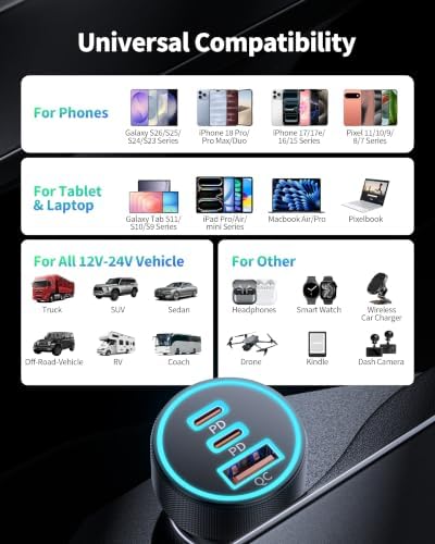USB C Car Charger, 3-Port 67W Cigarette Lighter USB Charger Adapter, 2 Pack - Image 5