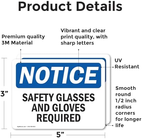 (2 Pack) Safety Glasses And Gloves Required OSHA Notice Sign 5 Inch X 3.5 Inch Vinyl Label Decal Sticker Weather Resistant, UV Protected for Workplace, Business, and Construction Site, Made in the USA - Image 2
