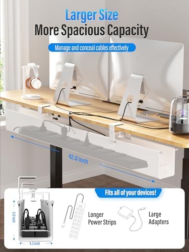 [Upgraded] Large Under Desk Cable Management Tray, Cinati Cable Management Under Desk No Drill, 42" Fabric Cord Hider for Wire Organizer, Cord Organizer for Office, Home - Supports Up to 30lbs White - Image 5