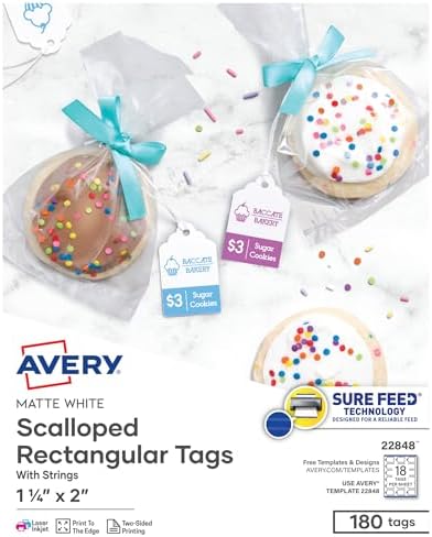Avery® Scalloped Printable Tags, Sure Feed® Technology, 2" x 1.25", White, Includes String, Laser/Inkjet Printable, 180 Total, Great for Branding, Gifts, Merchandising, and More (22848) by Avery