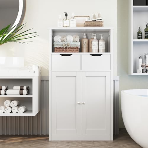 Shintenchi Floor Storage Cabinet, Bathroom Storage Organizer with Doors and Drawers, Freestanding Side Cupboard Pantry with Adjustable Shelf for Bathroom/Kitchen/Livingroom, White - Image 2