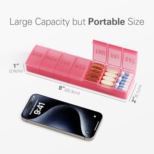 Barhon Pill Organizer Large, Weekly Medicine Pill Organizers, 7 Day Pills Box Case Travel for Big Vitamin Supplements Fish Oil, Red - Image 7