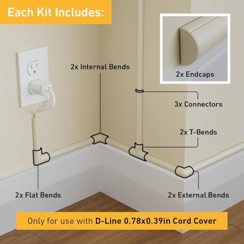 D-Line Small Cable Raceway Accessory Pack, Join 0.78in x 0.39in Cord Cover Lengths, 13 Accessories Included, Hide Cords Around a Variety of Angles - Beige - Image 2