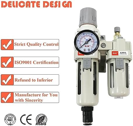 RIH Pneumatics Compressed Air Filter Regulator Lubricator Combo Water/Oil Trap Separator - Gauge(0-150 psi), Semi-Auto Drain, Poly Bowl,Bracket - 3 in 1 Two Unit (3/8“ NPT Auto Drain) - Image 4