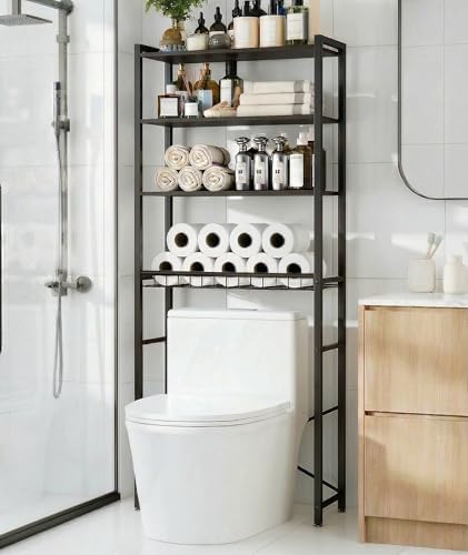 4-Tier Over-the-Toilet Storage Rack with One-Piece Wooden Shelves & Open Net Basket, Bathroom Organizer with Adjustable Feet & Anti-Tip Kit, Space-Saving Toilet Shelf, Black, 24.4" x 9.4" x 69.3" by Unknown