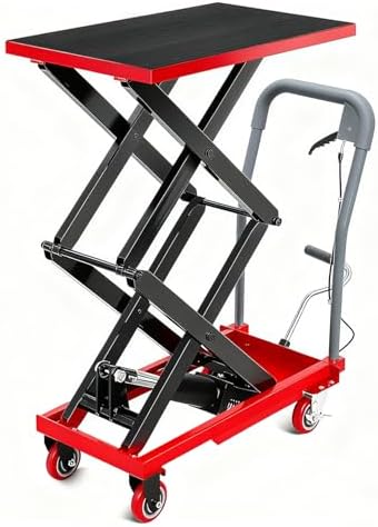 GarveeTech Hydraulic Lift Table Cart, 770Lbs Load Capacity 59 Inch Lifting Height, Manual Double Scissor Lift Table with Non-Slip Pad and 4 Wheels,Hydraulic Scissor Cart (770lbs-Double-Red Black) by GarveeTech
