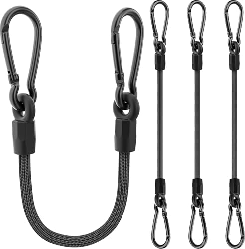 Bungee Cords with Carabiner, 18 Inch Long Heavy Duty Bungee Cords with Carabiner Clip Outdoor, 1/3 Inch Black Extra Strong Elastic Rope with Carabiner Hooks for Camping, Tarps, Bike Rack, Tent, 4 Pack by Rugtol