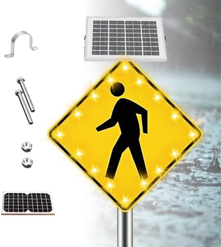 24x24in Solar Pedestrian Crossing Sign Flashing LED Highlight Road Traffic Blinking Street Warning Sign, Aluminum IP65 Weatherproof Crosswalk Signs for Park School Urban 24inches by Unknown